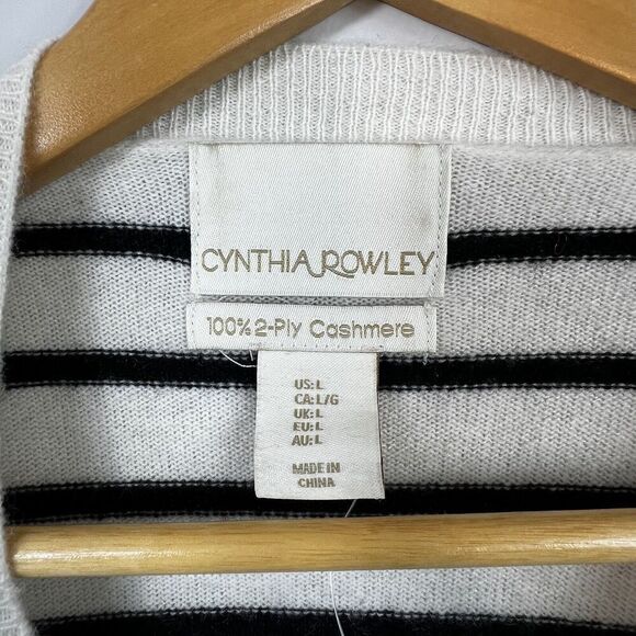 Cynthia Rowley Cream Black Striped 100% 2-Ply Cashmere Crewneck Sweater Size L - Picture 7 of 11